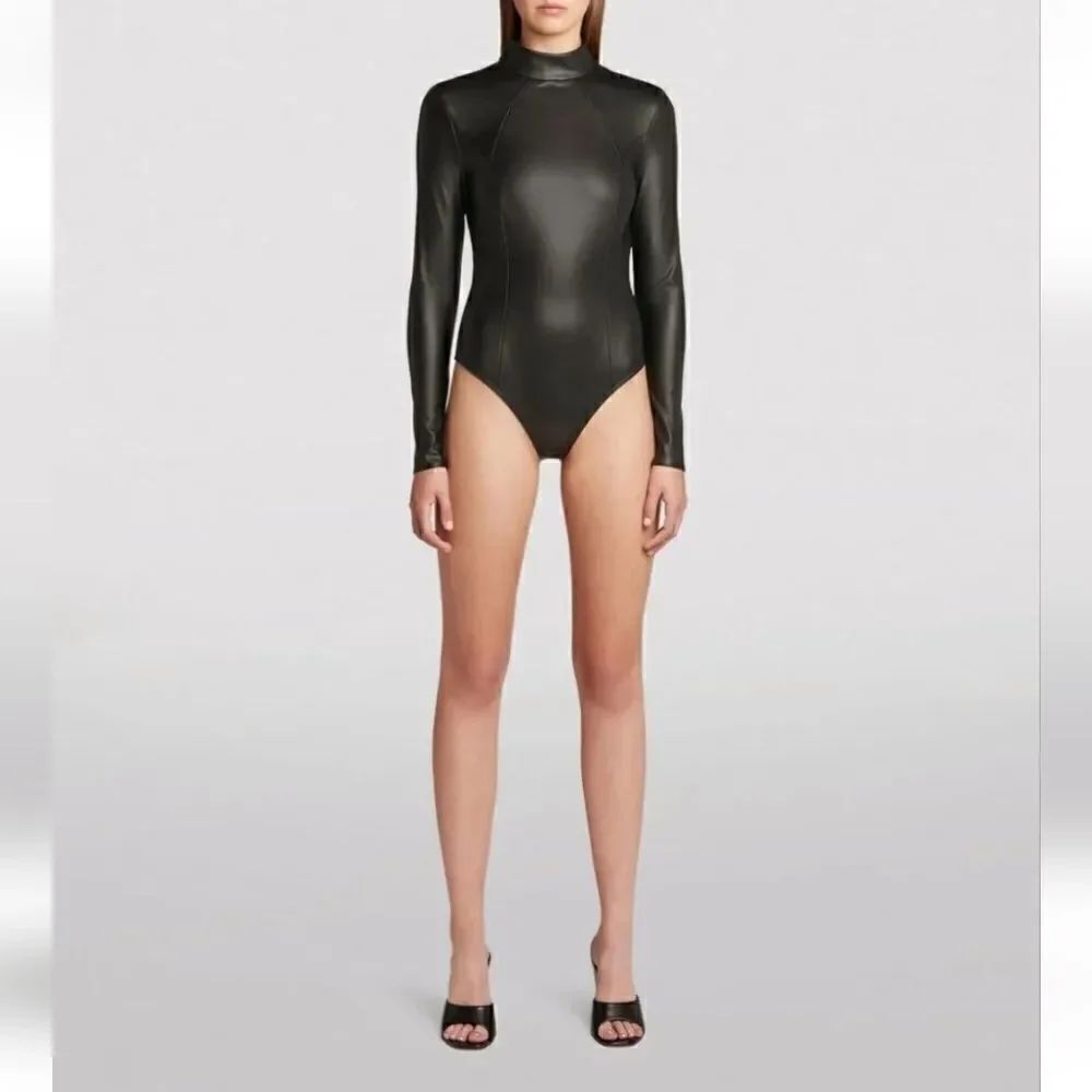 WOLFORD x AMINA MUADDI TURTLENECK VEGAN LEATHER BODYSUIT size 10 M